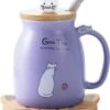 Mug Chat Mignon Tasse à Café En Céramique Avec Kitty Couvercle De Chaton Cuillère En Acier Inoxydable, Nouveauté Matin Tasse Thé Lait Tasse De Noël Cadeau 380 Ml (violet)