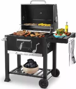 Frito Charbon De Bois Grill BBQ - Barbecue - Bon Pour 5 à 10 Personnes - Plaque De Gril - Avec Thermomètre, Roues, étagère Latérale Et Plus - Acier Inoxydable