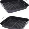 2x Plat à Rôtir Antiadhésif Noir Avec Grille - Plat à Four Noir Antiadhésif Avec Grille - Accessoires De Cuisine Antiadhésif