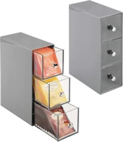 Boîte à Thé - Commode/boîte De Rangement/organisateur - Pour La Cuisine - Pour Différents Types De Sachets De Thé, Dosettes De Café, édulcorants Et Plus - Pratique/résistant - Gris/transparent - Emballé Par 2 Pièces -Cuisine Fournitures Magasin 1035x1200 1