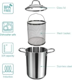 Poêle à Asperges En Acier Inoxydable Navaris Avec Couvercle - Cuiseur à Asperges En Acier Inoxydable Avec Panier Et Couvercle Amovibles - Sans BPA - Capacité 3,9 Litres - Passe Au Lave-vaisselle -Cuisine Fournitures Magasin 1070x1200