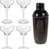4x Verres à Verres à Cocktail / Verres à Margarita Transparents 300 Ml + Shaker à Cocktail Noir 500 Ml En Acier Inoxydable - Réaliser Des Cocktails - Tasses à Mix/ Shaker