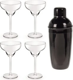 4x Verres à Verres à Cocktail / Verres à Margarita Transparents 300 Ml + Shaker à Cocktail Noir 500 Ml En Acier Inoxydable - Réaliser Des Cocktails - Tasses à Mix/ Shaker