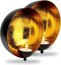 ZEYA Lot De 2 Photophores Muraux, Photophore Mural En Métal Doré Noir, Décoration Murale Salon, Décoration Rustique Pour Bougies Chauffe-plat Et Décoration Murale