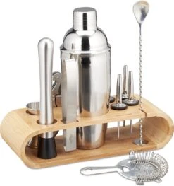Relaxdays Cocktail Set 11-piece - Cocktail Shaker Set - With Bamboo Stand - Inox