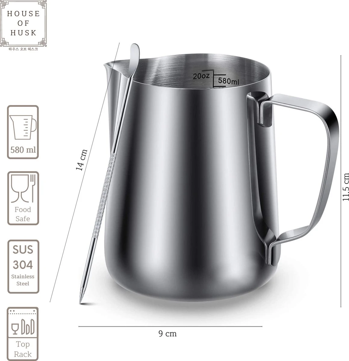 House Of Husk Pot à Lait Avec Art Pen - Pichet Mousseur à Lait 580ml - Argent - Pot à Lait - Pichet à Lait - Acier Inoxydable - Pot à Lait Barista - Avec Stylo Latte Art 2 House Of Husk Pot à Lait Avec Art Pen - Pichet Mousseur à Lait 580ml - Argent - Pot à Lait - Pichet à Lait - Acier Inoxydable - Pot à Lait Barista - Avec Stylo Latte Art – Image 2