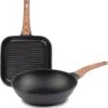 Poêle Grill Rosmarino Black Line 28cm & Poêle Wok 30cm - 100% Sans PFAS & PFOA - Fonte D'aluminium - Revêtement Minéral Antiadhésif - Poignée Ergonomique - Convient à Toutes Les Sources De Chaleur & Lave-vaisselle