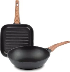 Poêle Grill Rosmarino Black Line 28cm & Poêle Wok 30cm - 100% Sans PFAS & PFOA - Fonte D'aluminium - Revêtement Minéral Antiadhésif - Poignée Ergonomique - Convient à Toutes Les Sources De Chaleur & Lave-vaisselle