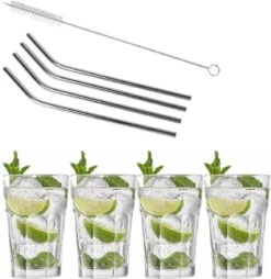 4x Verres à Verres à Cocktail / Verres à Mojito Transparents 410 Ml - Y Compris 4x Pailles Réutilisables En Acier Inoxydable