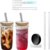 Lot De 2 Verres à Thé à Bubble 720 Ml Avec Paille Et Couvercle En Bambou Anti-moisissure, Verre à Coffee Glacé à Col Large, Tasse à Jus De Fruits, Gobelet En Glas Mason , Verre à Thé Boba
