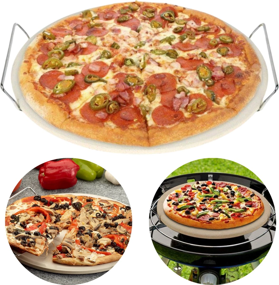 Pierre à Pizza Cheqo® - Pierre à Pizza - Pierre à Four - Pierre à Pizza - Pierre à BBQ - Pierre à Pizza Pour BBQ Et Four - Pierre à Pain - Avec Grille En Métal - ø33cm 1 Pierre à Pizza Cheqo® - Pierre à Pizza - Pierre à Four - Pierre à Pizza - Pierre à BBQ - Pierre à Pizza Pour BBQ Et Four - Pierre à Pain - Avec Grille En Métal - ø33cm