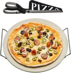 Pierre à Pizza En Céramique Ronde 33 Cm Avec Poignées - Avec Ciseaux à Pizza Noir 30 Cm - BBQ/ Four - Plaque à Pizza / Plaques à Pizza