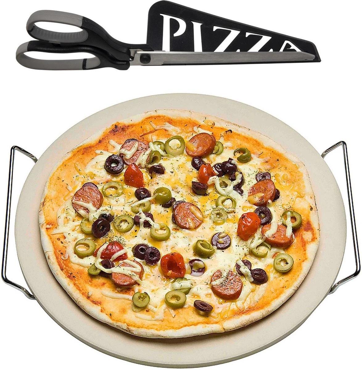 Pierre à Pizza En Céramique Ronde 33 Cm Avec Poignées - Avec Ciseaux à Pizza Noir 30 Cm - BBQ/ Four - Plaque à Pizza / Plaques à Pizza 1 Pierre à Pizza En Céramique Ronde 33 Cm Avec Poignées - Avec Ciseaux à Pizza Noir 30 Cm - BBQ/ Four - Plaque à Pizza / Plaques à Pizza