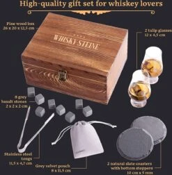 GOURMEO Coffret Cadeau Whisky Pour Homme - Set De 2 Verres à Whisky Tulip Et 8 Pierres De Basalte Réutilisables - Avec Pinces, Sous-verres, Boîte En Pin Et Sac En Velours -Cuisine Fournitures Magasin 1178x1200 5