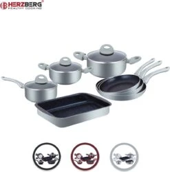 Herzberg: Batterie De Cuisine En Fonte 10 Pièces Avec Revêtement En Marbre - Argent - Sans Rayures - Toutes Sources De Chaleur - Passe Au Lave-vaisselle - Avec Couvercle