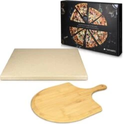 Navaris XL Pour Four Et Barbecue - Assiette à Pizza Rectangulaire 38 X 30 Cm - Pelle à Pizza En Bambou Incluse - Céramique émaillée