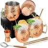 Set De 4 Tasses Mule De Moscou Pour Cocktails En Acier Inoxydable Plaqué Cuivre 18 Oz/540 Ml Avec Pailles En Cuivre, Doseur, Cuillère, Perfect Pour Cadeau De Boissons Froides (4 Pièces)
