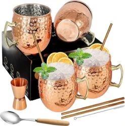Set De 4 Tasses Mule De Moscou Pour Cocktails En Acier Inoxydable Plaqué Cuivre 18 Oz/540 Ml Avec Pailles En Cuivre, Doseur, Cuillère, Perfect Pour Cadeau De Boissons Froides (4 Pièces)
