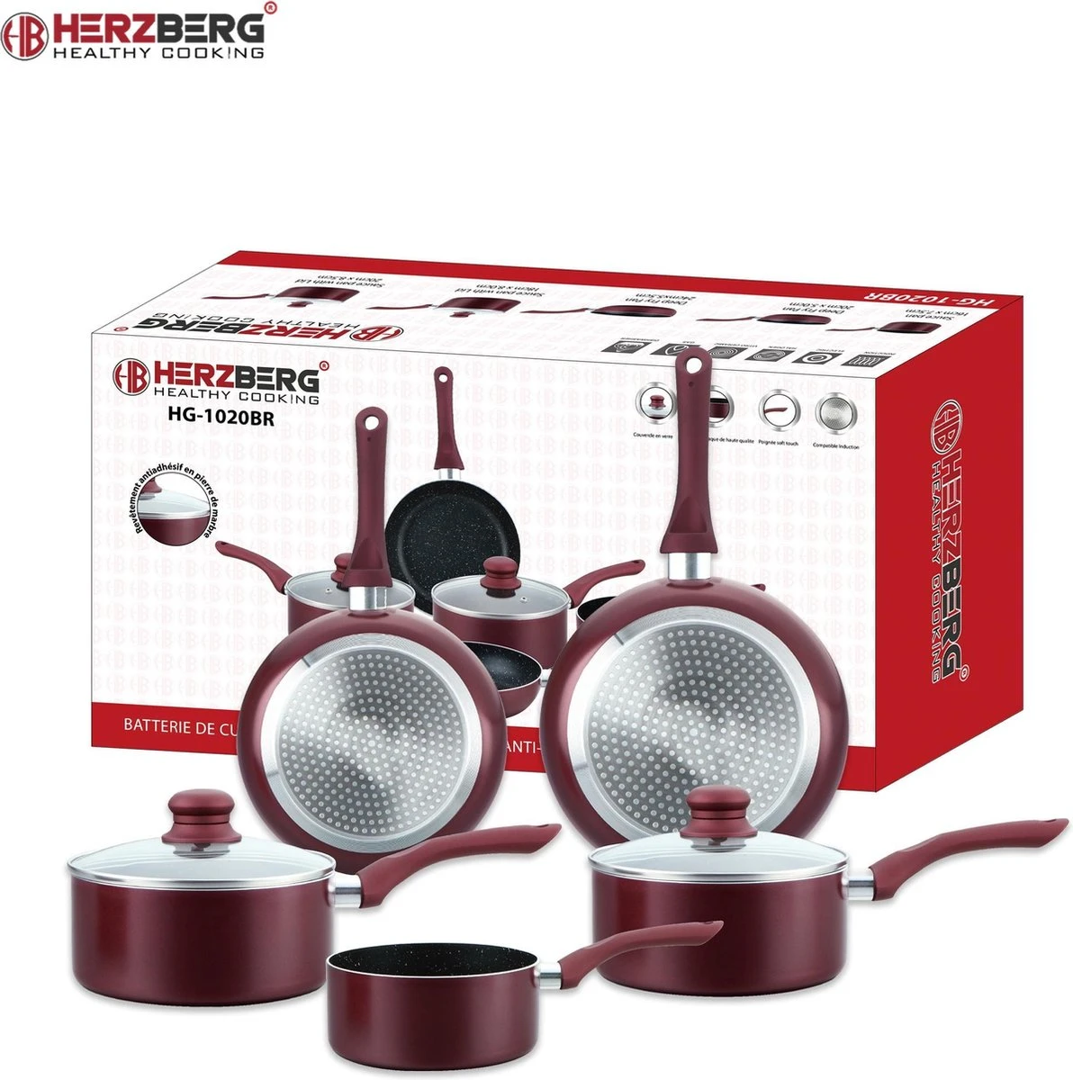 Herzberg: Batterie De Cuisine Moderne 7 Pièces Avec Revêtement En Marbre - Bordeaux - Sans Rayures - Toutes Sources De Chaleur - Cuisine Saine - Va Au Lave-vaisselle - Avec Couvercles 6 Herzberg: Batterie De Cuisine Moderne 7 Pièces Avec Revêtement En Marbre - Bordeaux - Sans Rayures - Toutes Sources De Chaleur - Cuisine Saine - Va Au Lave-vaisselle - Avec Couvercles – Image 6