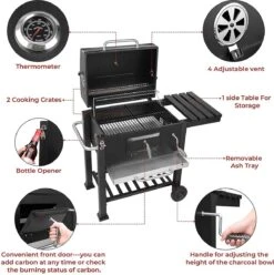 Barbecue - Bbq Charbon De Bois - Grill Chariot Émaillé - Chariot Bbq - 113X53,5X100 Cm, Avec Ouvre - Thermomètre - Cendrier Amovible - Crochet - Planches - Feuille De Charbon De Bois - 3 Grilles - 2 Roues -Cuisine Fournitures Magasin 1193x1200