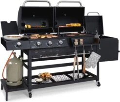 Klarstein Kingsville Double - Combi Fumoir à Charbon & Barbecue à Gaz 13,5kW - 3+1 Brûleurs - 2 Surfaces De Barbecue En Fonte -Cuisine Fournitures Magasin 1200x1020