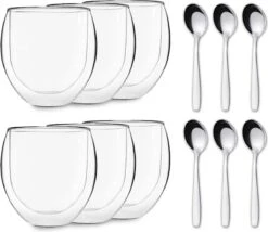 DUOS 6 X 310 Ml Jumbo Verres Isothermes Double Paroi + 6 X Cuillères Inox, Latte Macchiato, Cocktails, Apéritifs Par Feelino