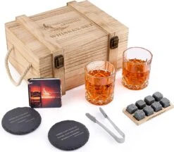 Set De Glas Et Pierre à Whisky Cadeau Pour Homme Mari Papa Cadeau Spécial - 8 Pierres De Refroidissement En Granit à Whisky - 2 Verres 10 Oz - 2 Sous-verres - Recettes De Cocktails Tang Boîte En Bois Noël/anniversaire