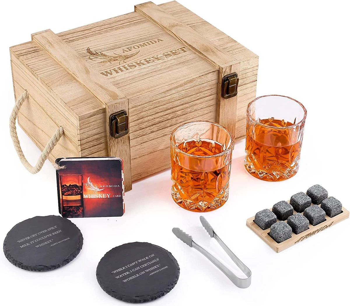 Set De Glas Et Pierre à Whisky Cadeau Pour Homme Mari Papa Cadeau Spécial - 8 Pierres De Refroidissement En Granit à Whisky - 2 Verres 10 Oz - 2 Sous-verres - Recettes De Cocktails Tang Boîte En Bois Noël/anniversaire 1 Set De Glas Et Pierre à Whisky Cadeau Pour Homme Mari Papa Cadeau Spécial - 8 Pierres De Refroidissement En Granit à Whisky - 2 Verres 10 Oz - 2 Sous-verres - Recettes De Cocktails Tang Boîte En Bois Noël/anniversaire
