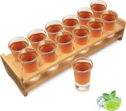 Shot De Verres à Set, Porte- Shot Et Glas à Liqueur, Organisateur De Planche De Service De Boissons 12 Trous Avec Verre En Crystal Transparent 12 Pièces 1 Oz/30 Ml Pour Liqueurs, Whisky , Eau De Vie , Vodka, Rhum , Bar De Fête à La Home