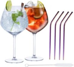Alpina Set De 4x Verres à Cocktail Gin Tonic Avec 4x Pailles Violettes Réutilisables En Acier Inoxydable - 730 Ml - Boire Des Cocktails - Cocktails