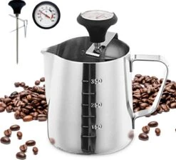 Pichet Mousseur à Lait RoiCuisine - Avec Thermomètre - 350ml - Pot à Lait - Barista - Acier Inoxydable