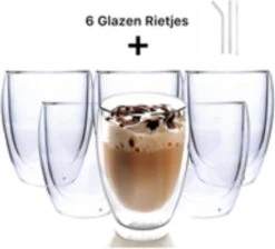 Verres à Double Paroi + 6 Pailles En Verres - Set De 6 - Verres à Café à Café Latte Macchiato Espresso - Tasses à Café/ Verres à Verres à Thé - Verre à Café - 6 X 350 Ml