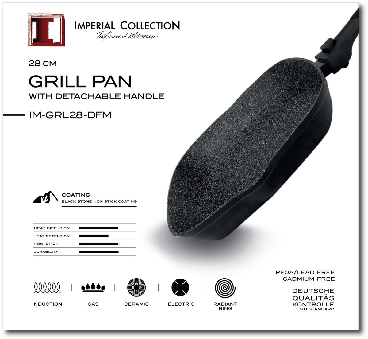 Imperial Collection: Poêle à Griller En Fonte Avec Revêtement En Marbre Et Couvercle - ⌀ 28cm - Poignée Fixe - Pan Avec Couvercle - Sans PFOA / PLOMB 2 Imperial Collection: Poêle à Griller En Fonte Avec Revêtement En Marbre Et Couvercle - ⌀ 28cm - Poignée Fixe - Pan Avec Couvercle - Sans PFOA / PLOMB – Image 2
