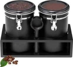 Boîte à Café Hermétique Avec Support, Noir 1850 Ml X 2 Récipients à Café En Acier Inoxydable, Stockage De Grains De Café Avec Cuillère Pour Grains De Café, Poudre De Café, Thé, Noix Et Cacao