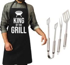 Alpina Ensemble D'ustensiles De Barbecue 3 Pièces 33 Cm En Acier Inoxydable - Avec Tablier De BBQ Noir King Of The Grill - Cadeau De La Vaderdag