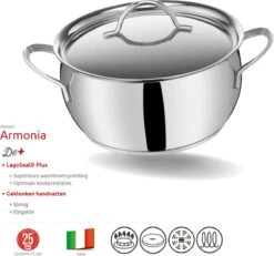 Lagostina Armonia Lagoseal Cocotte En Aluminium De Haute Qualité En Acier Inoxydable 18/10 Avec Couvercle - 22 Cm