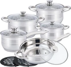 Royal Swiss - Batterie De Cuisine à Induction 12 Pièces - Couvercle En Verres - Acier Inoxydable Pan / Casserole / Frying Pan - PFAS Gratuit