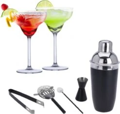 Alpina Set De 4x Verres à Cocktail Margarita Avec Shaker Noir 5 Pièces En Acier Inoxydable - 250 Ml - Boire Des Cocktails - Cocktails