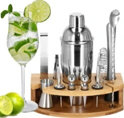 Ensemble De Cocktails Set | Set De 12 Shakers à Cocktail | Y Compris Support En Bamboe Et Emballage Cadeau | ACIER INOXYDABLE | Couleur Argent