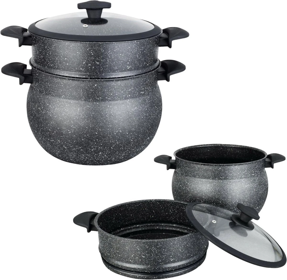Poêle à Couscous Royal Swiss - Couscoussier - Cuiseur Vapeur - 8L - Toutes Sources De Chaleur - Aluminium Recouvert De Pierre - Couvercle En Verres - NOIR 3 Poêle à Couscous Royal Swiss - Couscoussier - Cuiseur Vapeur - 8L - Toutes Sources De Chaleur - Aluminium Recouvert De Pierre - Couvercle En Verres - NOIR – Image 3