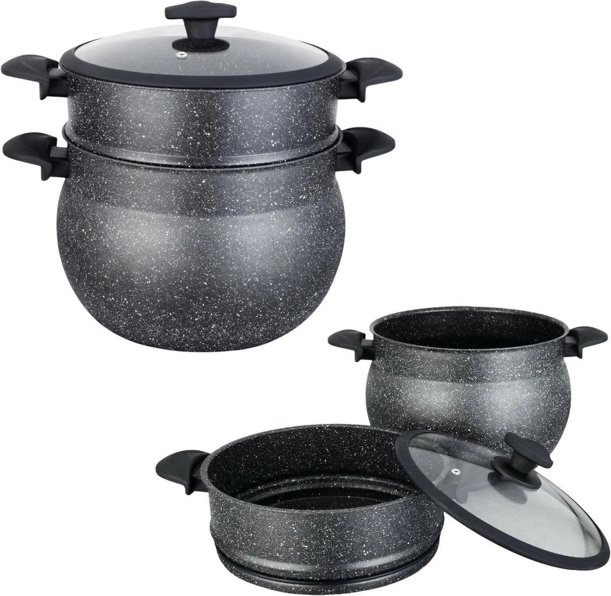 Poêle à Couscous Royal Swiss - Couscoussier - Cuiseur Vapeur - 4L - Toutes Sources De Chaleur - Aluminium Recouvert De Pierre - Couvercle En Verres - NOIR 3 Poêle à Couscous Royal Swiss - Couscoussier - Cuiseur Vapeur - 4L - Toutes Sources De Chaleur - Aluminium Recouvert De Pierre - Couvercle En Verres - NOIR – Image 3