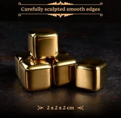 GOURMEO 6 Pierres à Whisky En Acier Inoxydable Doré Avec Coffret Cadeau En Bois - Pierres à Whisky Réutilisables Dans Un Ensemble Comme Alternative Aux Glaçons Classiques -Cuisine Fournitures Magasin 1200x1171 8