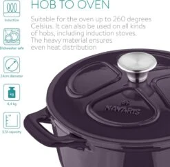 Cocotte En Fonte Navaris Avec Couvercle - Navaris émaillée - Convient à La Cuisson Induction, Gaz Et Céramique - Violet