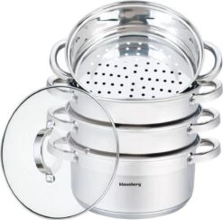 Cuiseur Vapeur - Cuiseur Riz Et Légumes 5 Pièces - Ø 22 Cm - 4L - Acier Inoxydable Avec Couvercle En Verre - FIRENZE