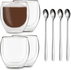 DUOS Feelino 4 X 410 Ml Verres Thermo Double Paroi Jumbo + 4 X Cuillères En Acier Inoxydable - Verres à Latte Macchiatio - Verres à Thé - Soufflé à La Bouche