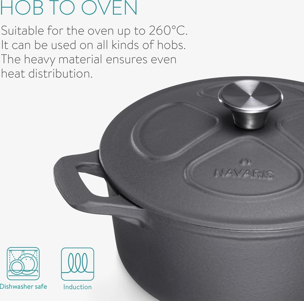 Cocotte En Fonte Navaris Avec Couvercle - Faitout - Poêle émaillée - Convient Pour La Cuisson à Induction, Gaz Et Vitrocéramique - Noir Mat 2 Cocotte En Fonte Navaris Avec Couvercle - Faitout - Poêle émaillée - Convient Pour La Cuisson à Induction, Gaz Et Vitrocéramique - Noir Mat – Image 2