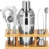 Ensemble De Cocktails Set | Set De 8 Shakers à Cocktail | Y Compris Support En Bamboe Et Emballage Cadeau | ACIER INOXYDABLE | Couleur Argent