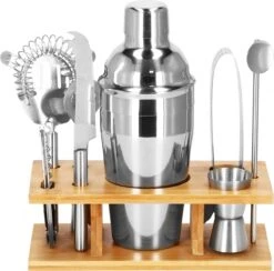 Ensemble De Cocktails Set | Set De 8 Shakers à Cocktail | Y Compris Support En Bamboe Et Emballage Cadeau | ACIER INOXYDABLE | Couleur Argent