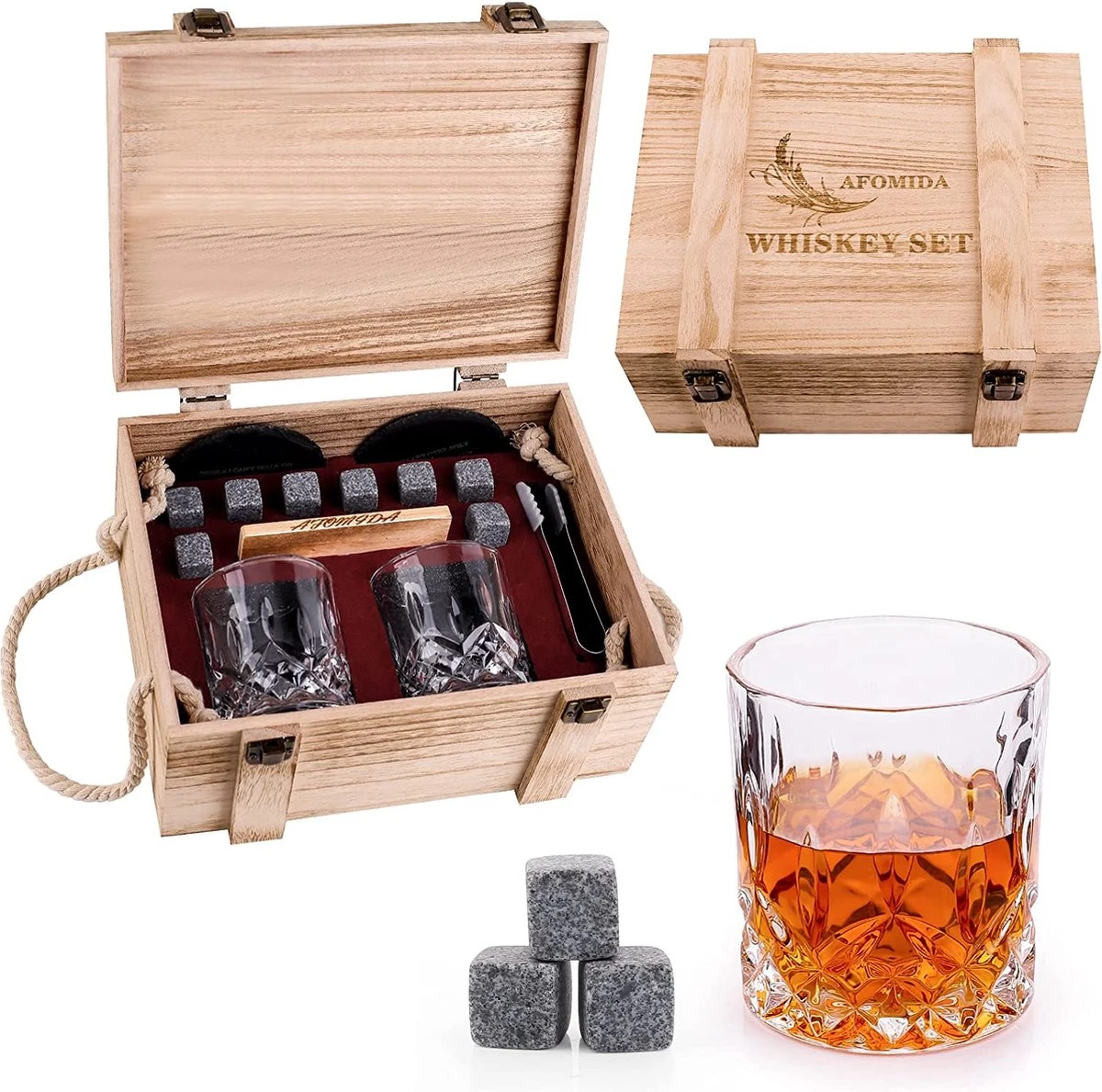 Set De Glas Et Pierre à Whisky Cadeau Pour Homme Mari Papa Cadeau Spécial - 8 Pierres De Refroidissement En Granit à Whisky - 2 Verres 10 Oz - 2 Sous-verres - Recettes De Cocktails Tang Boîte En Bois Noël/anniversaire 3 Set De Glas Et Pierre à Whisky Cadeau Pour Homme Mari Papa Cadeau Spécial - 8 Pierres De Refroidissement En Granit à Whisky - 2 Verres 10 Oz - 2 Sous-verres - Recettes De Cocktails Tang Boîte En Bois Noël/anniversaire – Image 3