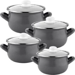 Ensemble De Casseroles émaillées Gris Foncé Emalia Capri 8 Pièces 2,2 L, 3,0 L, 4,2 L, 5,3 L Convenant à Toutes Les Sources De Chaleur - Design Rétro - Modèle Vintage - Émail